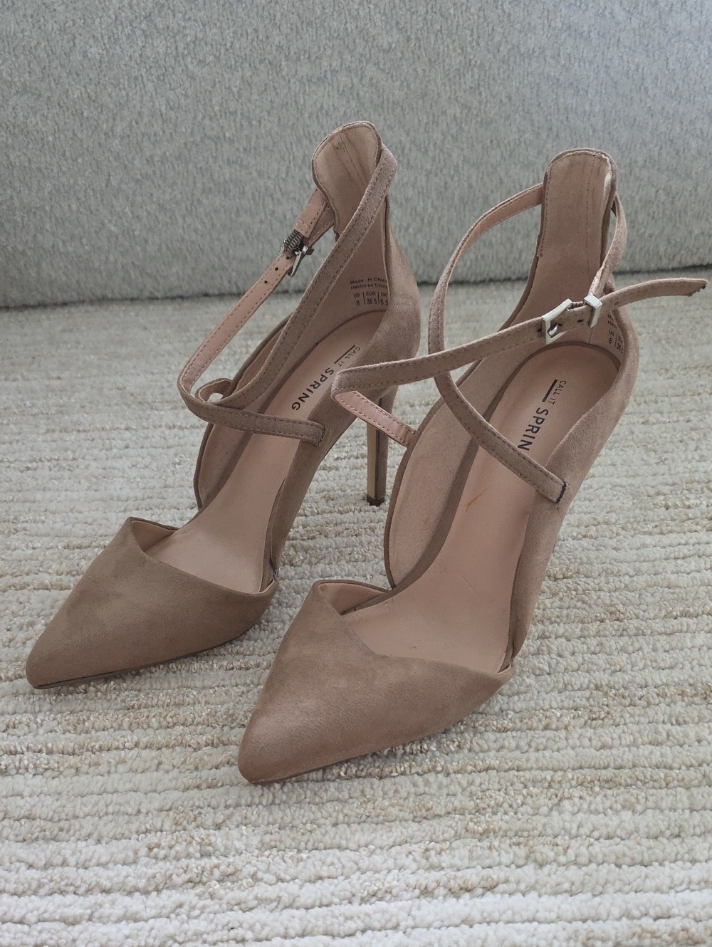 Call It Spring Taupe Pointed-Toe Suede Ankle-Strap Heels